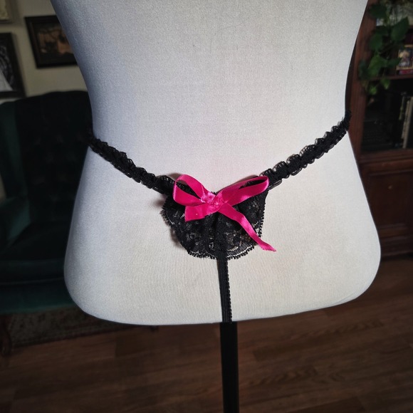 Vintage Y2K Hot Pink Black Lace Bow Thong Panty Lingerie One Size - Picture 5 of 7